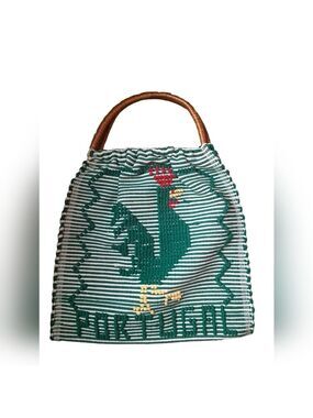 PORTUGAL knit woven EMBROIDERD ROOSTER bag  wrapped wood handles knitting CRAFTS
